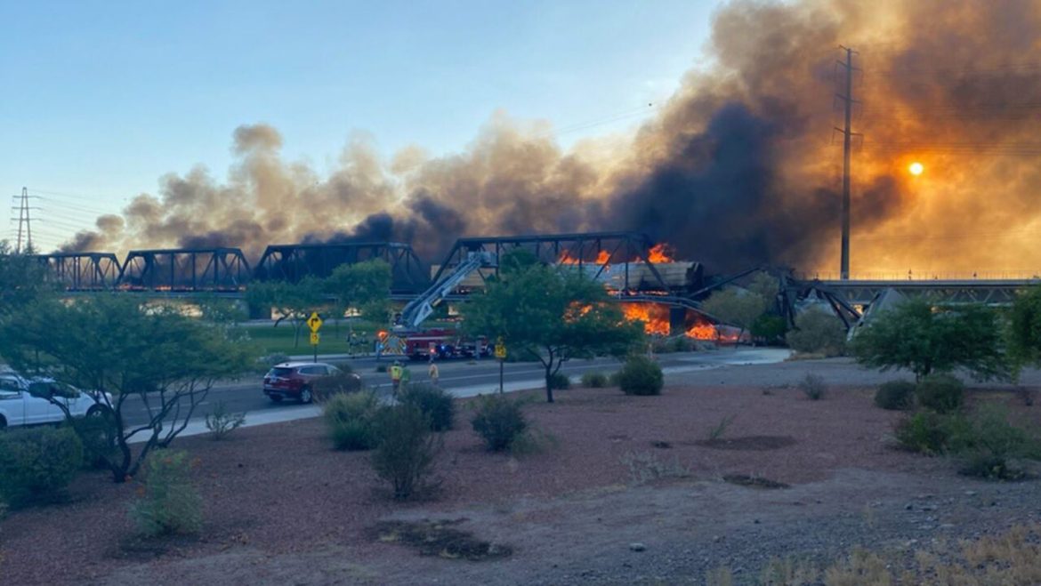 Arizona bridge burns, partially collapses after train derailment