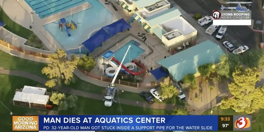 A man broke into an aquatic center in Arizona, got trapped in a water slide support pipe, and died before rescuers could get to him
