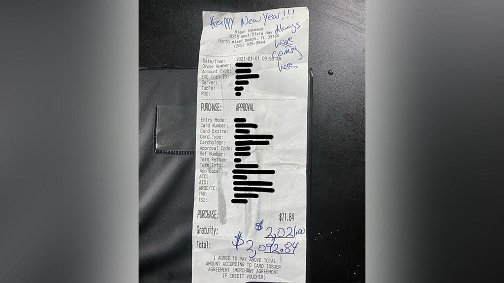 Miami cafe in shock: customer left a $2,021 tip, follow News Without Politics, top unbiased, non political news, no bias, no politics, NWP, RECEIPT