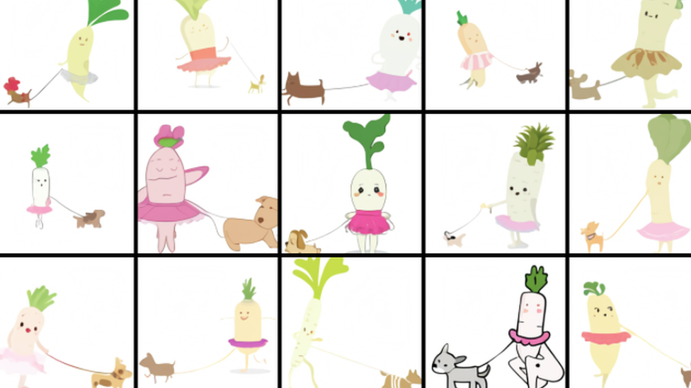 AI draws dog-walking baby radish in a tutu