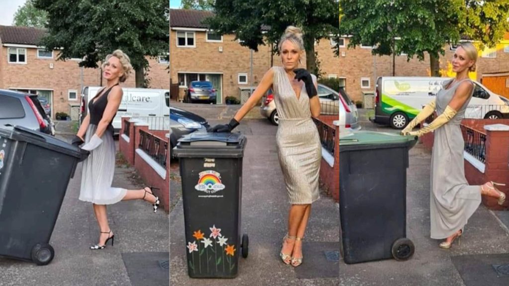 unbiased news source woman dresses up to take out garbage  trash to amuse neighbors