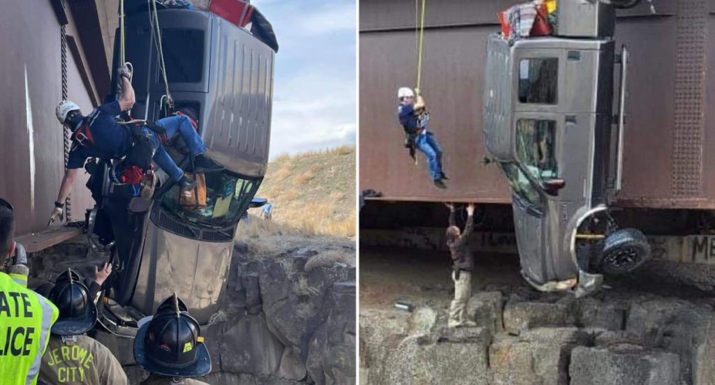 Rescue: truck dangles over bridge-driver loses control , follow News Without Politics, NWP, accident, Idaho, gorge, non politics news