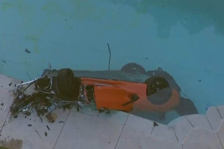 corvette in pool  crash accident 