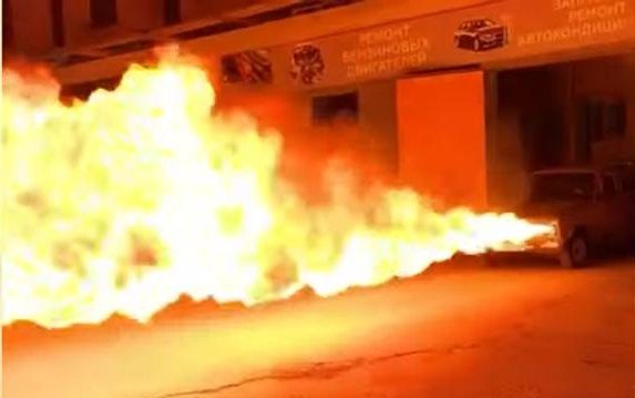 Man builds a flame-throwing car