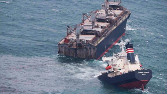 Cargo ship runs aground and splits in two